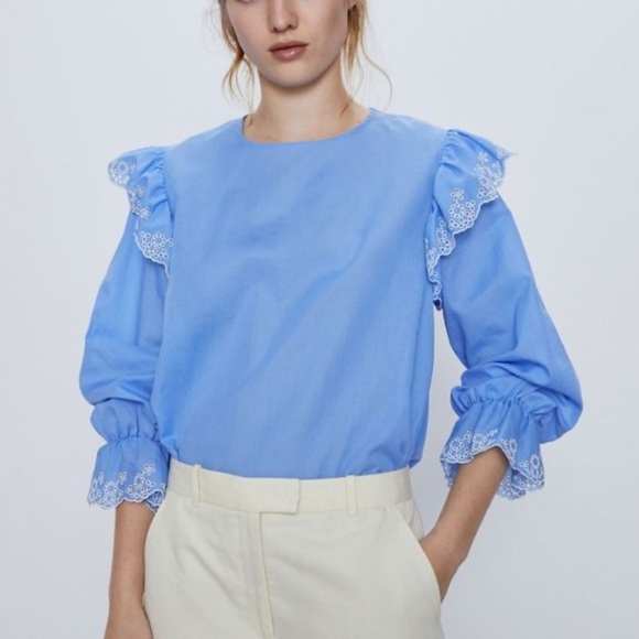 Zara Tops - Zara Cotton Blouse Eyelit Ruffle Embroidered Details Long Sleeve Women's XS